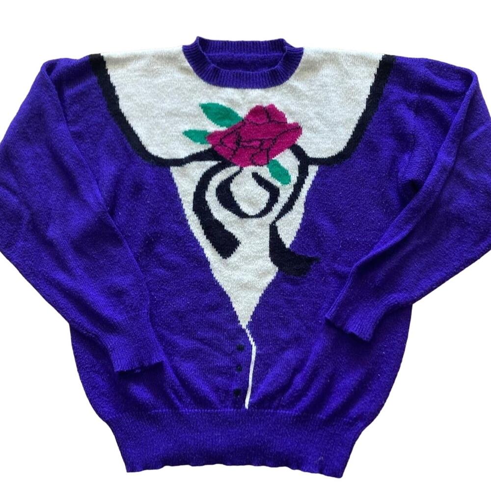VTG 80s Knit Floral Bow Cottage Sweater Purple Pink size L